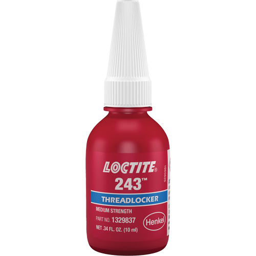 Compos&eacute; de blocage 243 tol&eacute;rant &agrave; l'huile, Bleu, Moyen, 10 ml, Bouteille Rideout Tool & Machine Inc.
