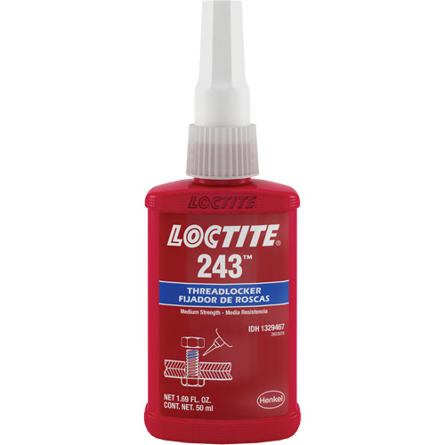 Compos&eacute; de blocage 243 tol&eacute;rant &agrave; l'huile, Bleu, Moyen, 50 ml, Bouteille Rideout Tool & Machine Inc.