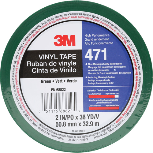 471 Vinyl Tape, 50.8 mm (2") W x 32.9 m (108') L, 5.2 mils, Green Rideout Tool & Machine Inc.