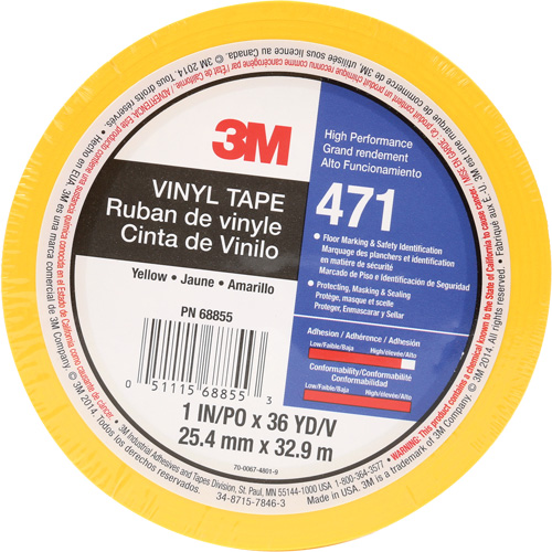 471 Vinyl Tape, 25.4 mm (1") W x 32.9 m (108') L, 5.2 mils, Yellow Rideout Tool & Machine Inc.