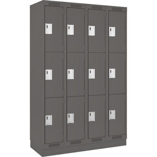 Clean Line Lockers, 3 -tier, Bank of 4, 48" x 18" x 76", Steel, Charcoal, Rivet (Assembled) Rideout Tool & Machine Inc.