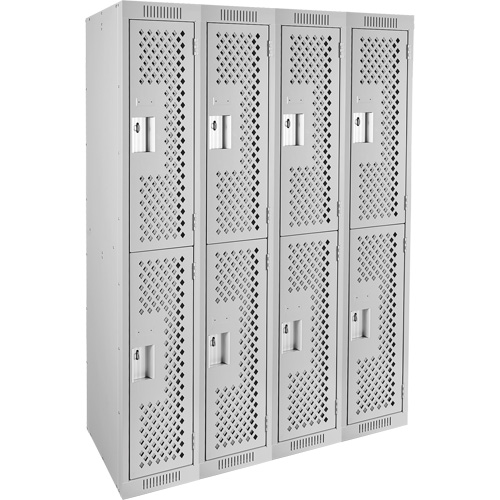 Clean Line Lockers, 2 -tier, Bank of 4, 48" x 15" x 72", Steel, Grey, Rivet (Assembled), Perforated Rideout Tool & Machine Inc.