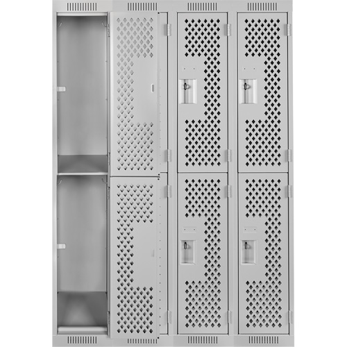 Clean Line Lockers, 2 -tier, Bank of 4, 48" x 15" x 72", Steel, Grey, Rivet (Assembled), Perforated Rideout Tool & Machine Inc.
