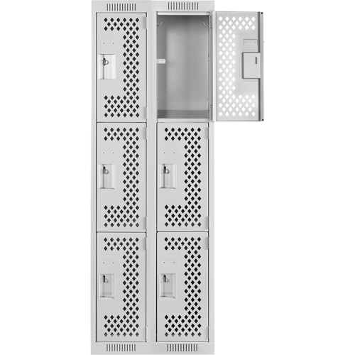 Clean Line Lockers, 3 -tier, Bank of 2, 24" x 12" x 72", Steel, Grey, Rivet (Assembled), Perforated Rideout Tool & Machine Inc.