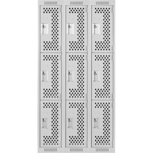 Clean Line Lockers, 3 -tier, Bank of 3, 36" x 12" x 72", Steel, Grey, Rivet (Assembled), Perforated Rideout Tool & Machine Inc.