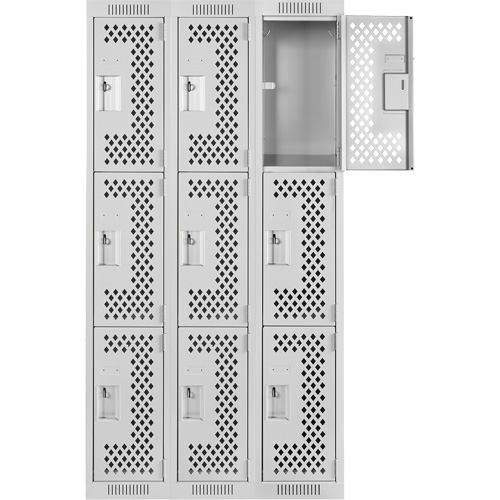 Clean Line Lockers, 3 -tier, Bank of 3, 36" x 12" x 72", Steel, Grey, Rivet (Assembled), Perforated Rideout Tool & Machine Inc.