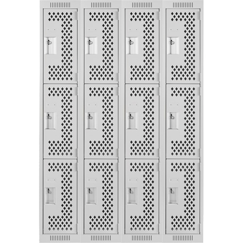 Clean Line Lockers, 3 -tier, Bank of 4, 48" x 12" x 72", Steel, Grey, Rivet (Assembled), Perforated Rideout Tool & Machine Inc.