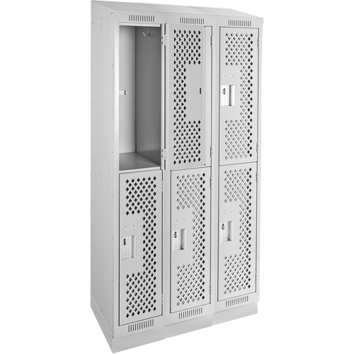 Clean Line Lockers, 2 -tier, Bank of 3, 36" x 12" x 82", Steel, Grey, Rivet (Assembled), Perforated Rideout Tool & Machine Inc.