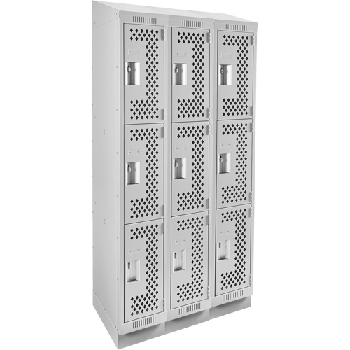 Clean Line Lockers, 3 -tier, Bank of 3, 36" x 18" x 82", Steel, Grey, Rivet (Assembled), Perforated Rideout Tool & Machine Inc.