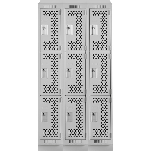 Clean Line Lockers, 3 -tier, Bank of 3, 36" x 18" x 82", Steel, Grey, Rivet (Assembled), Perforated Rideout Tool & Machine Inc.