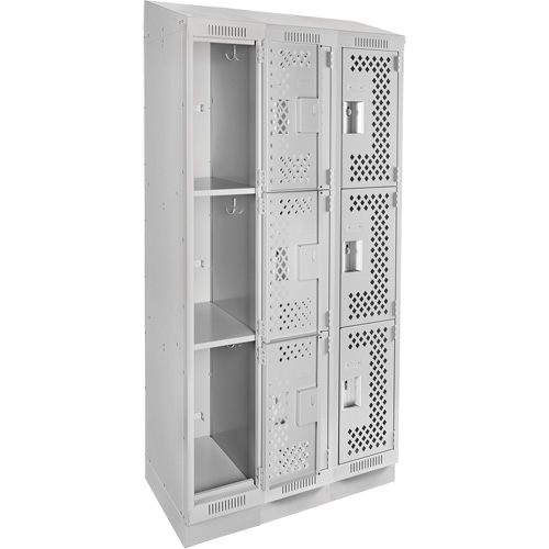 Clean Line Lockers, 3 -tier, Bank of 3, 36" x 18" x 82", Steel, Grey, Rivet (Assembled), Perforated Rideout Tool & Machine Inc.