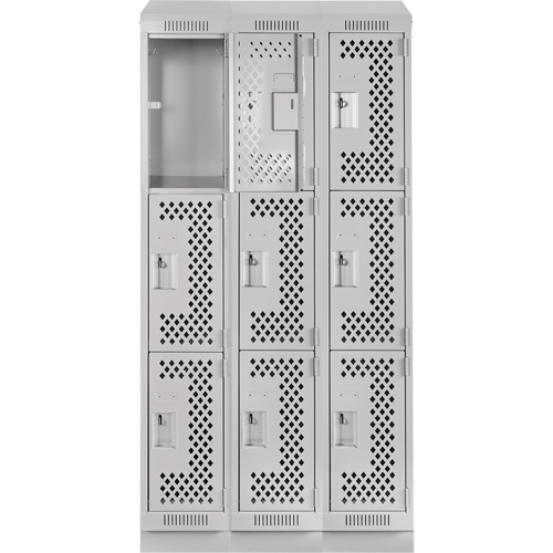 Clean Line Lockers, 3 -tier, Bank of 3, 36" x 18" x 82", Steel, Grey, Rivet (Assembled), Perforated Rideout Tool & Machine Inc.