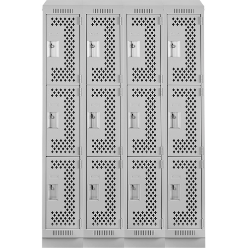 Clean Line Lockers, 3 -tier, Bank of 4, 48" x 18" x 82", Steel, Grey, Rivet (Assembled), Perforated Rideout Tool & Machine Inc.