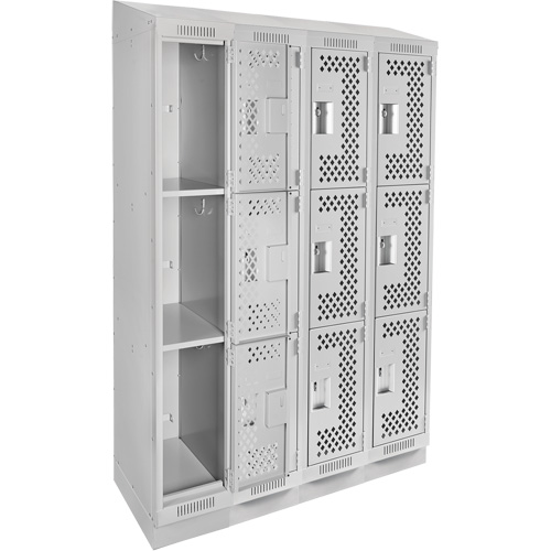 Clean Line Lockers, 3 -tier, Bank of 4, 48" x 18" x 82", Steel, Grey, Rivet (Assembled), Perforated Rideout Tool & Machine Inc.