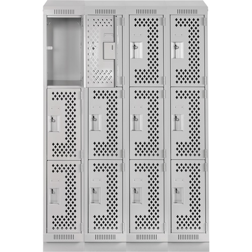 Clean Line Lockers, 3 -tier, Bank of 4, 48" x 18" x 82", Steel, Grey, Rivet (Assembled), Perforated Rideout Tool & Machine Inc.