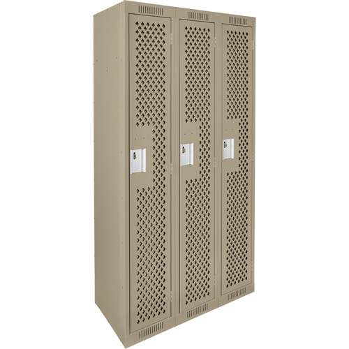 Clean Line Lockers, Bank of 3, 36" x 12" x 72", Steel, Beige, Rivet (Assembled), Perforated Rideout Tool & Machine Inc.