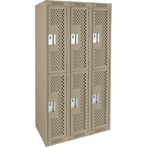 Clean Line Lockers, 2 -tier, Bank of 3, 36" x 15" x 72", Steel, Beige, Rivet (Assembled), Perforated Rideout Tool & Machine Inc.