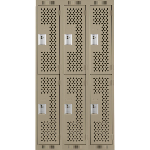 Clean Line Lockers, 2 -tier, Bank of 3, 36" x 15" x 72", Steel, Beige, Rivet (Assembled), Perforated Rideout Tool & Machine Inc.
