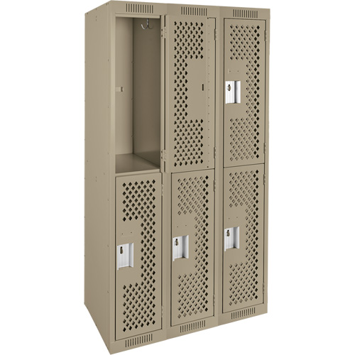 Clean Line Lockers, 2 -tier, Bank of 3, 36" x 15" x 72", Steel, Beige, Rivet (Assembled), Perforated Rideout Tool & Machine Inc.
