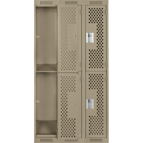 Clean Line Lockers, 2 -tier, Bank of 3, 36" x 15" x 72", Steel, Beige, Rivet (Assembled), Perforated Rideout Tool & Machine Inc.