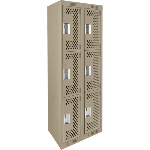Clean Line Lockers, 3 -tier, Bank of 2, 24" x 12" x 72", Steel, Beige, Rivet (Assembled), Perforated Rideout Tool & Machine Inc.
