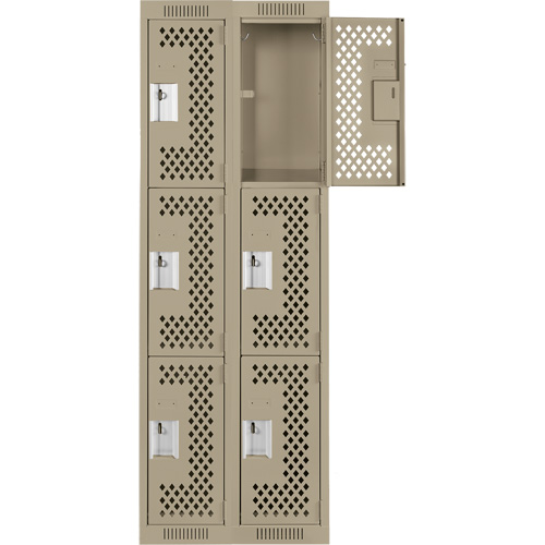 Clean Line Lockers, 3 -tier, Bank of 2, 24" x 12" x 72", Steel, Beige, Rivet (Assembled), Perforated Rideout Tool & Machine Inc.