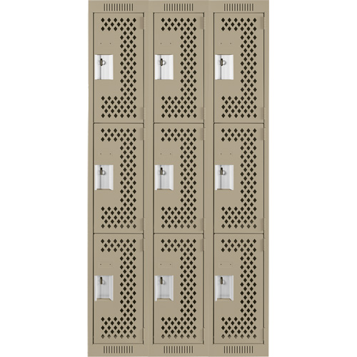 Clean Line Lockers, 3 -tier, Bank of 3, 36" x 12" x 72", Steel, Beige, Rivet (Assembled), Perforated Rideout Tool & Machine Inc.