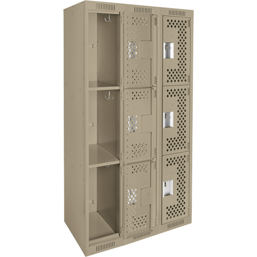 Clean Line Lockers, 3 -tier, Bank of 3, 36" x 12" x 72", Steel, Beige, Rivet (Assembled), Perforated Rideout Tool & Machine Inc.