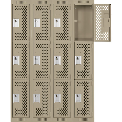 Clean Line Lockers, 3 -tier, Bank of 4, 48" x 12" x 72", Steel, Beige, Rivet (Assembled), Perforated Rideout Tool & Machine Inc.
