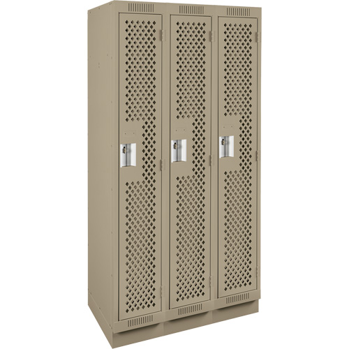 Clean Line Lockers, Bank of 3, 36" x 15" x 76", Steel, Beige, Rivet (Assembled), Perforated Rideout Tool & Machine Inc.