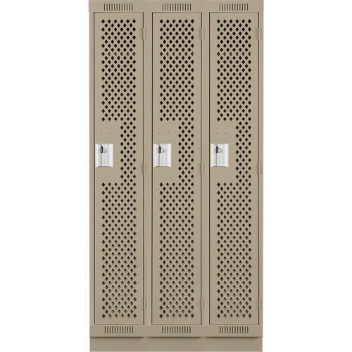 Clean Line Lockers, Bank of 3, 36" x 15" x 76", Steel, Beige, Rivet (Assembled), Perforated Rideout Tool & Machine Inc.