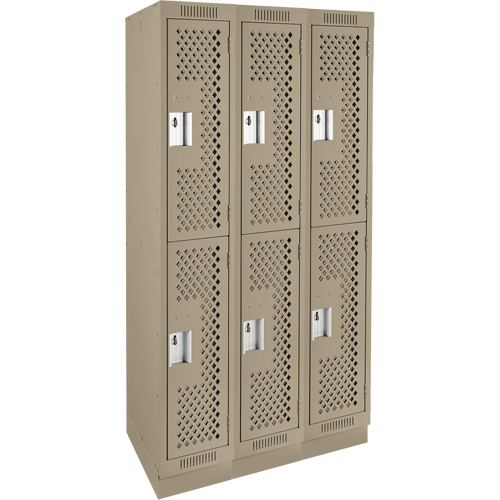 Clean Line Lockers, 2 -tier, Bank of 3, 36" x 18" x 76", Steel, Beige, Rivet (Assembled), Perforated Rideout Tool & Machine Inc.