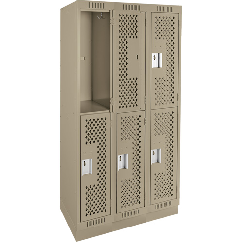 Clean Line Lockers, 2 -tier, Bank of 3, 36" x 18" x 76", Steel, Beige, Rivet (Assembled), Perforated Rideout Tool & Machine Inc.