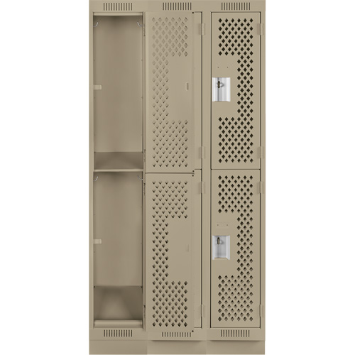 Clean Line Lockers, 2 -tier, Bank of 3, 36" x 18" x 76", Steel, Beige, Rivet (Assembled), Perforated Rideout Tool & Machine Inc.