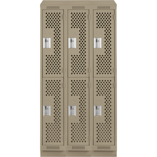 Clean Line Lockers, 2 -tier, Bank of 3, 36" x 12" x 82", Steel, Beige, Rivet (Assembled), Perforated Rideout Tool & Machine Inc.
