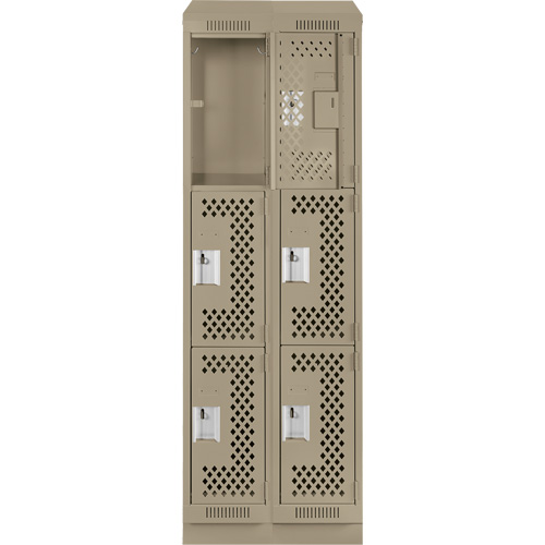 Clean Line Lockers, 3 -tier, Bank of 2, 24" x 18" x 82", Steel, Beige, Rivet (Assembled), Perforated Rideout Tool & Machine Inc.