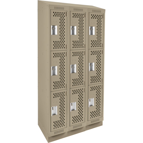 Clean Line Lockers, 3 -tier, Bank of 3, 36" x 18" x 82", Steel, Beige, Rivet (Assembled), Perforated Rideout Tool & Machine Inc.
