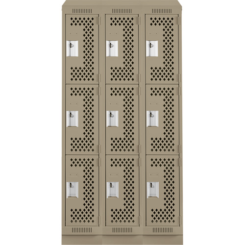 Clean Line Lockers, 3 -tier, Bank of 3, 36" x 18" x 82", Steel, Beige, Rivet (Assembled), Perforated Rideout Tool & Machine Inc.