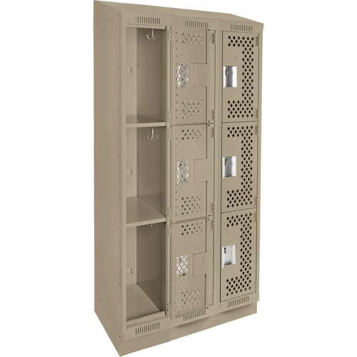 Clean Line Lockers, 3 -tier, Bank of 3, 36" x 18" x 82", Steel, Beige, Rivet (Assembled), Perforated Rideout Tool & Machine Inc.