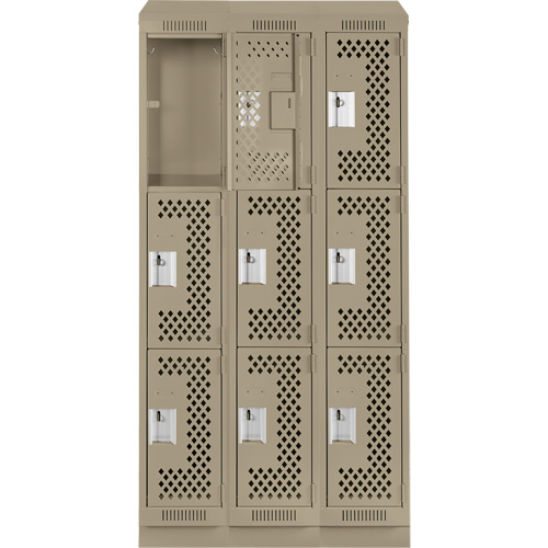 Clean Line Lockers, 3 -tier, Bank of 3, 36" x 18" x 82", Steel, Beige, Rivet (Assembled), Perforated Rideout Tool & Machine Inc.
