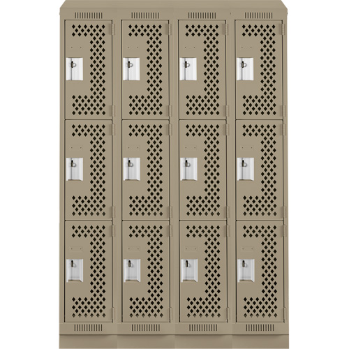 Clean Line Lockers, 3 -tier, Bank of 4, 48" x 18" x 82", Steel, Beige, Rivet (Assembled), Perforated Rideout Tool & Machine Inc.