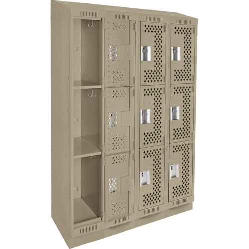 Clean Line Lockers, 3 -tier, Bank of 4, 48" x 18" x 82", Steel, Beige, Rivet (Assembled), Perforated Rideout Tool & Machine Inc.