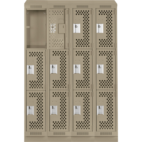 Clean Line Lockers, 3 -tier, Bank of 4, 48" x 18" x 82", Steel, Beige, Rivet (Assembled), Perforated Rideout Tool & Machine Inc.