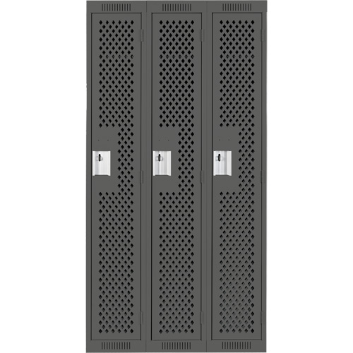 Clean Line Lockers, Bank of 3, 36" x 15" x 72", Steel, Charcoal, Rivet (Assembled), Perforated Rideout Tool & Machine Inc.
