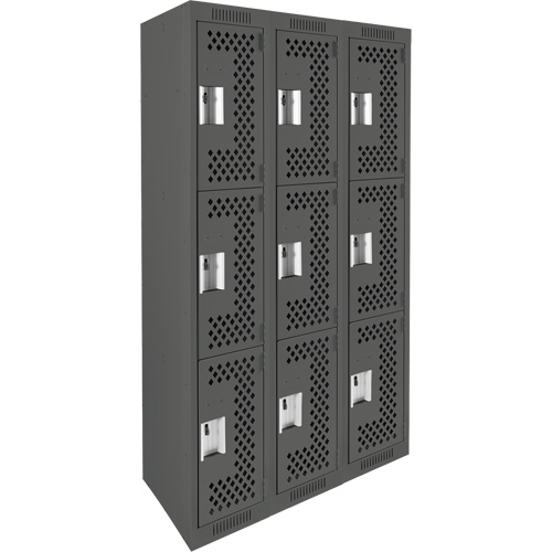 Clean Line Lockers, 3 -tier, Bank of 3, 36" x 12" x 72", Steel, Charcoal, Rivet (Assembled), Perforated Rideout Tool & Machine Inc.