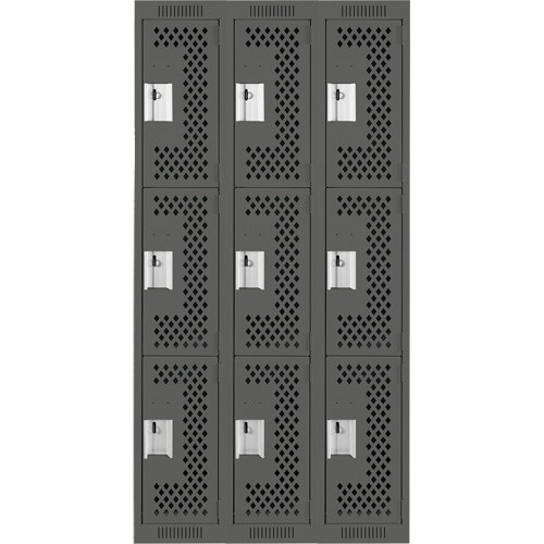 Clean Line Lockers, 3 -tier, Bank of 3, 36" x 12" x 72", Steel, Charcoal, Rivet (Assembled), Perforated Rideout Tool & Machine Inc.