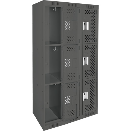 Clean Line Lockers, 3 -tier, Bank of 3, 36" x 12" x 72", Steel, Charcoal, Rivet (Assembled), Perforated Rideout Tool & Machine Inc.