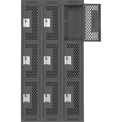 Clean Line Lockers, 3 -tier, Bank of 3, 36" x 12" x 72", Steel, Charcoal, Rivet (Assembled), Perforated Rideout Tool & Machine Inc.