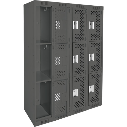 Clean Line Lockers, 3 -tier, Bank of 4, 48" x 12" x 72", Steel, Charcoal, Rivet (Assembled), Perforated Rideout Tool & Machine Inc.