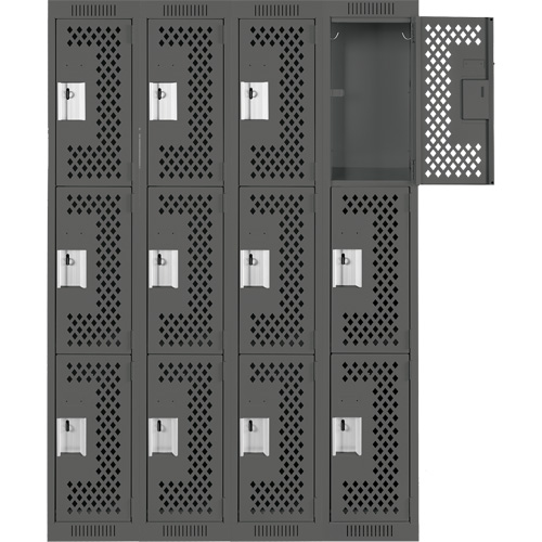 Clean Line Lockers, 3 -tier, Bank of 4, 48" x 12" x 72", Steel, Charcoal, Rivet (Assembled), Perforated Rideout Tool & Machine Inc.